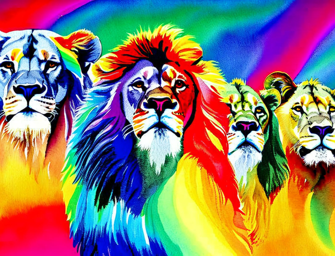 Vibrant lion head artwork with colorful mane variations