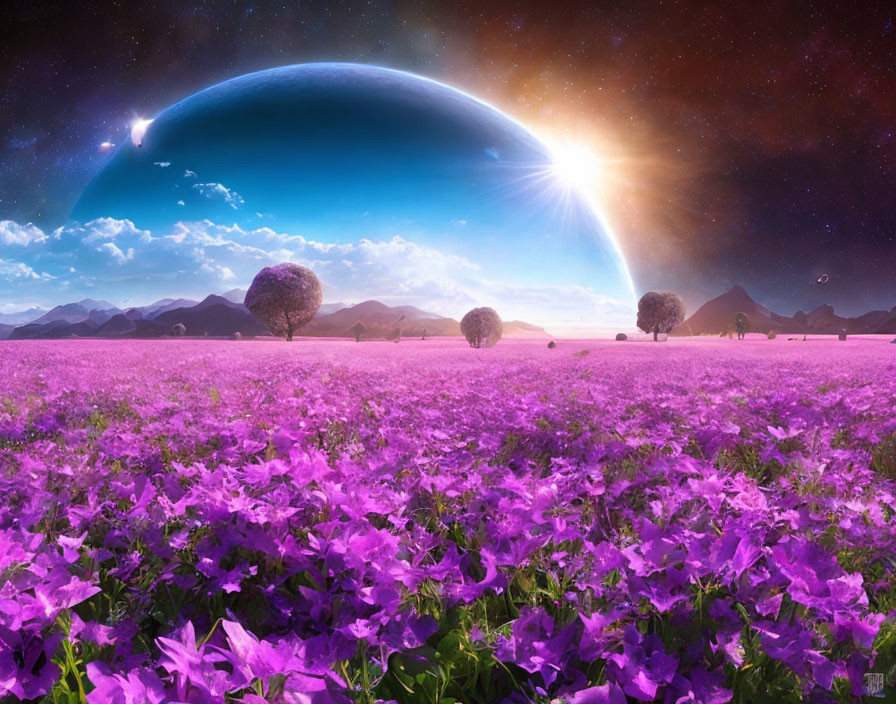 Vibrant purple flower field under surreal sky with planet & sun