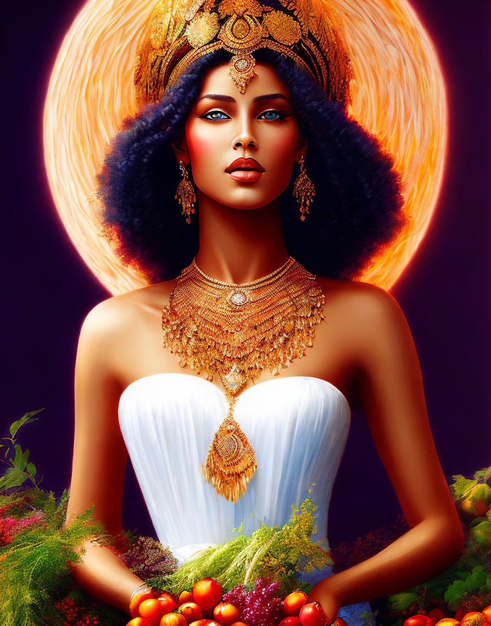 Digital artwork: Woman with ornate headpiece and necklace in vibrant backdrop with halo glow, surrounded by