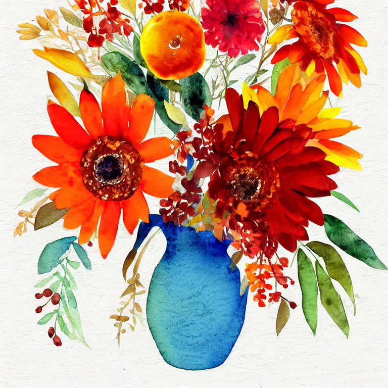 Colorful Watercolor Painting of Bouquet with Orange Flowers and Oranges in Blue Vase