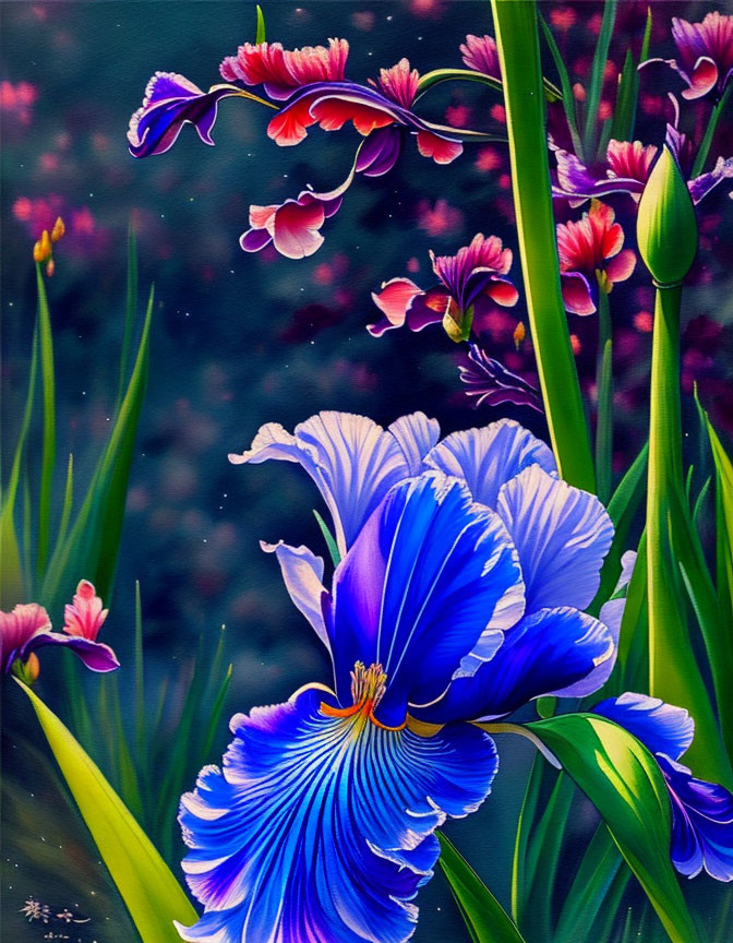 Colorful floral painting with blue iris and pink flowers on dark background