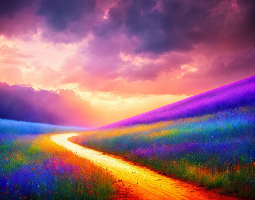 Colorful flower field landscape with winding path under dramatic sky