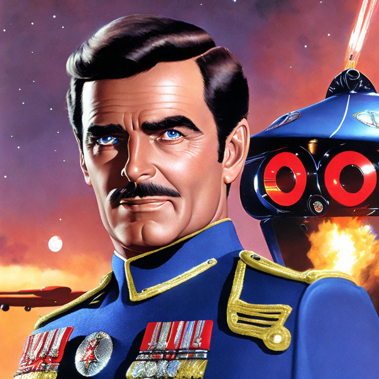 Male character in military uniform with mustache beside red-eyed robot