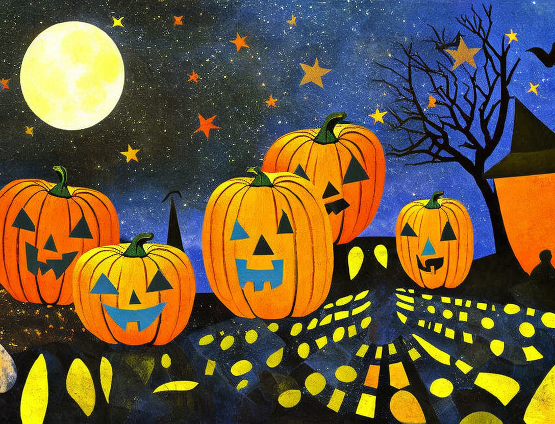 Illustration of five carved jack-o'-lanterns under starry night sky with full moon by