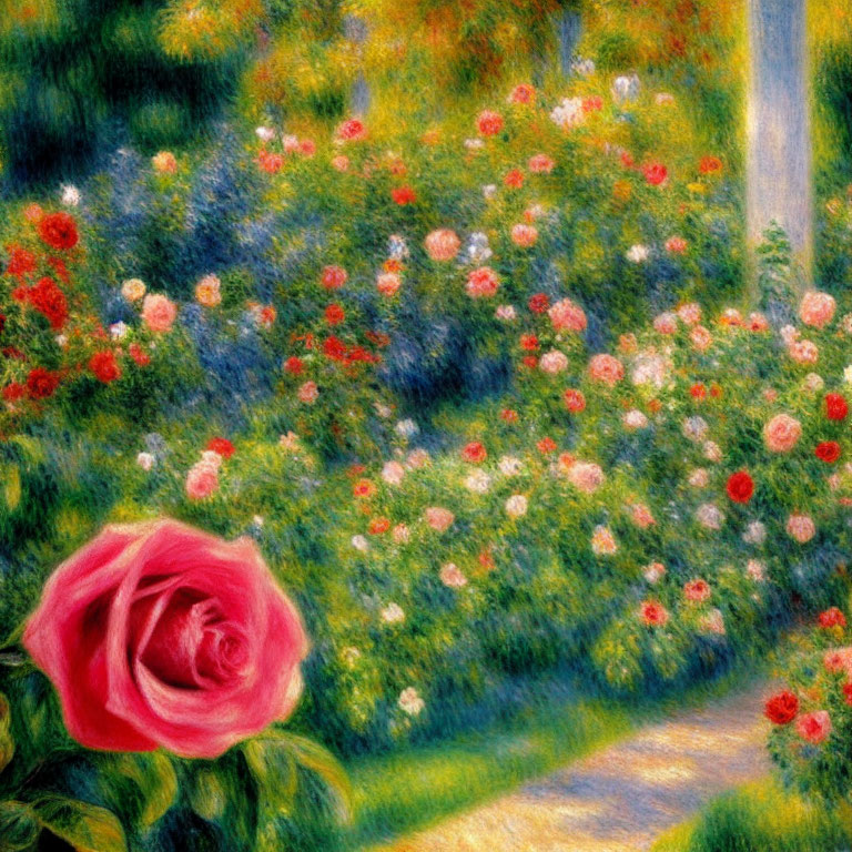 Lush Garden Painting with Pink Rose & Colorful Flowers