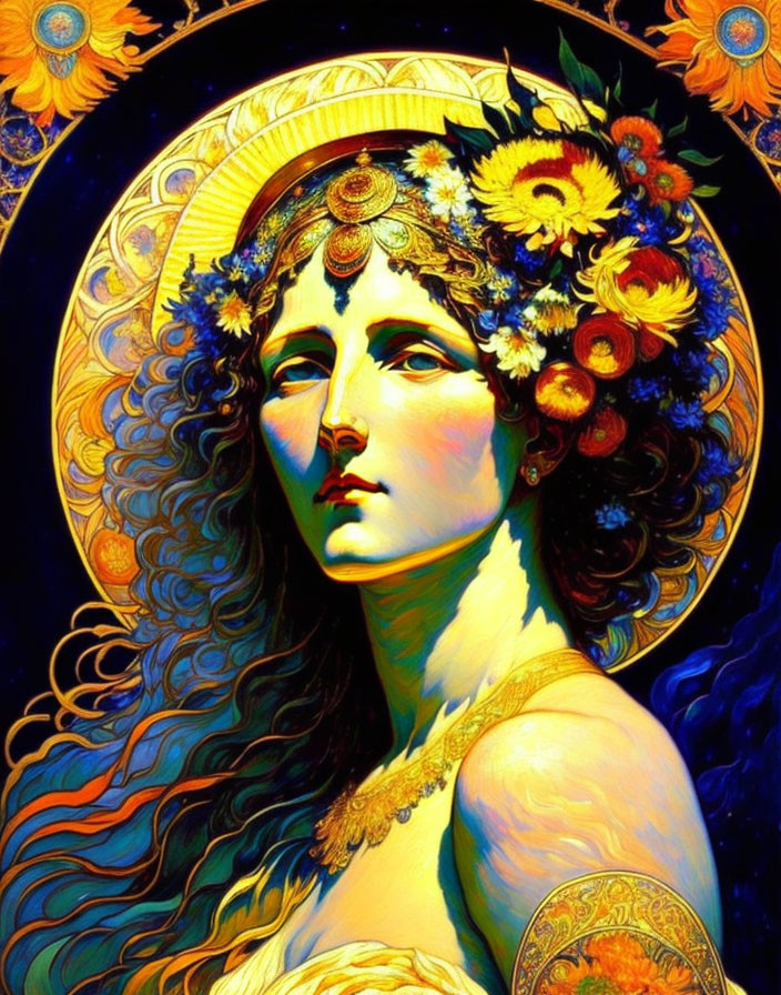 Art Nouveau Style Woman Illustration with Ornate Halo and Flowers