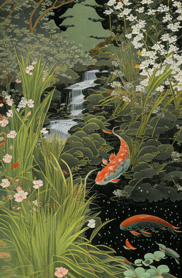 Traditional Japanese-style illustration of serene pond with koi fish, lush greenery, white flowers, and