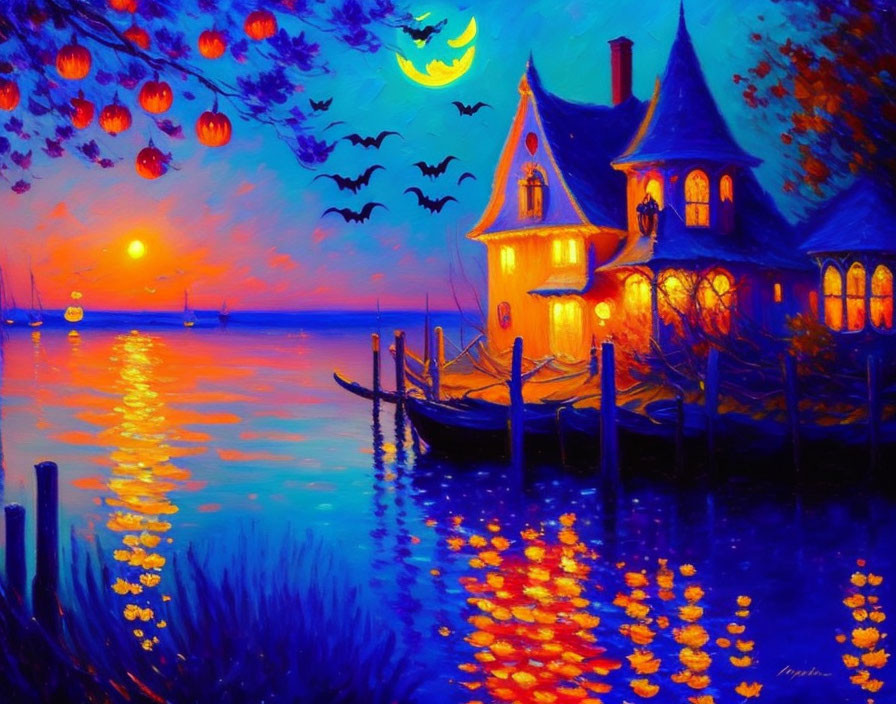 Twilight lakeside house painting with moon, bats, sunset, and water reflections