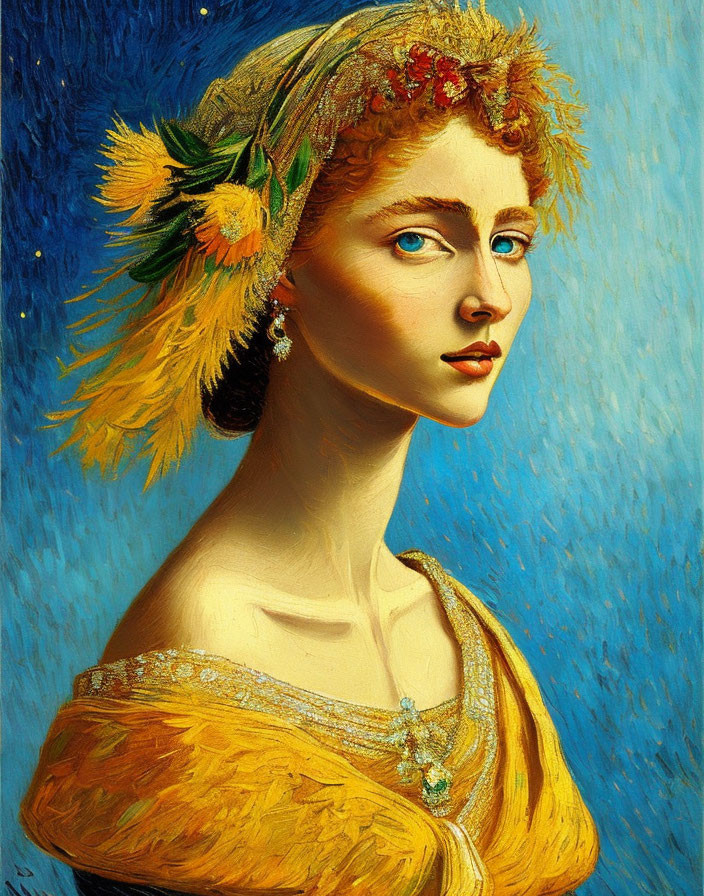 Portrait of Woman with Striking Blue Eyes in Yellow Dress on Blue Background