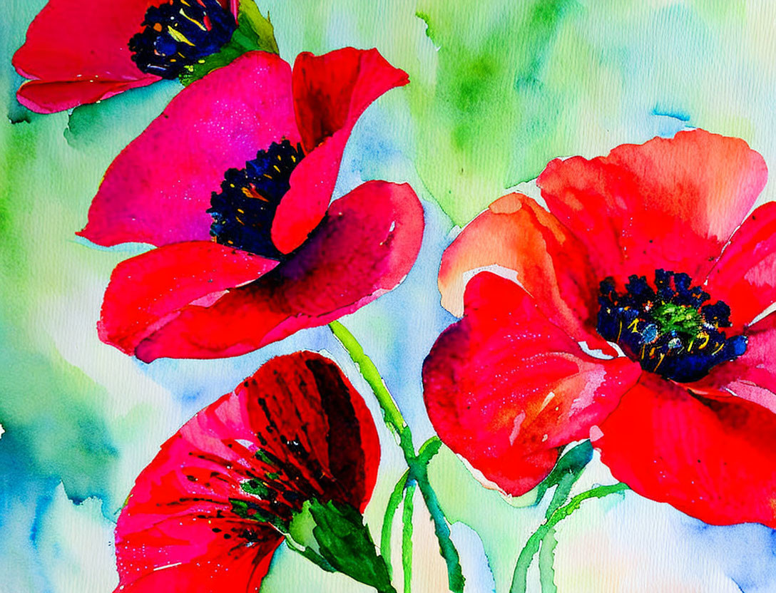 Detailed Watercolor Painting of Red Poppies on Soft Green and Blue Background