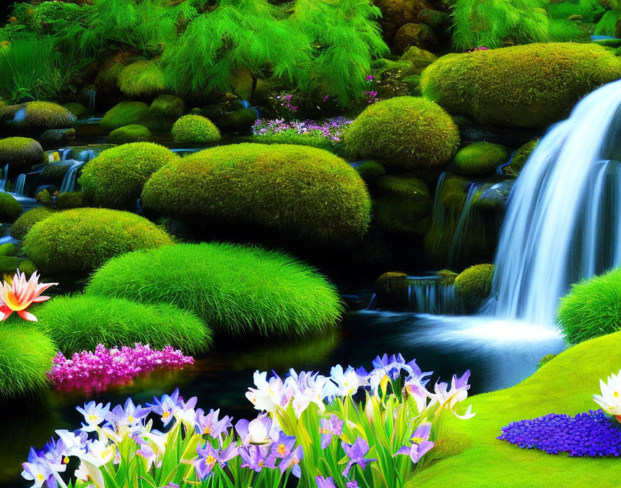 Lush Garden Scene with Waterfall and Colorful Flowers