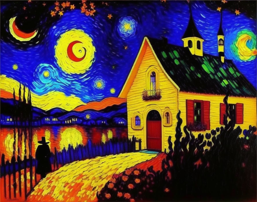 Vibrant painting of starry night with crescent moon and yellow house