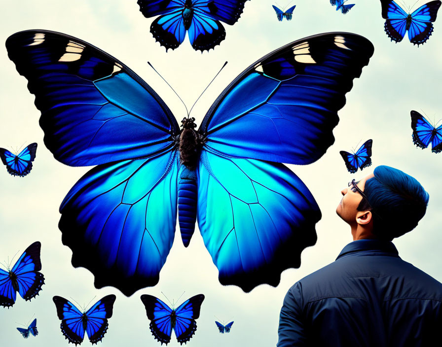 Man in Dark Jacket Surrounded by Blue Butterflies in Sky