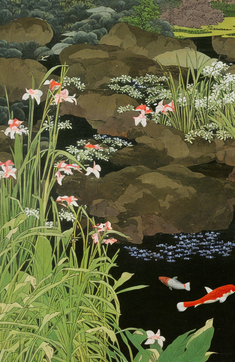 Tranquil Japanese pond with koi fish and lush greenery