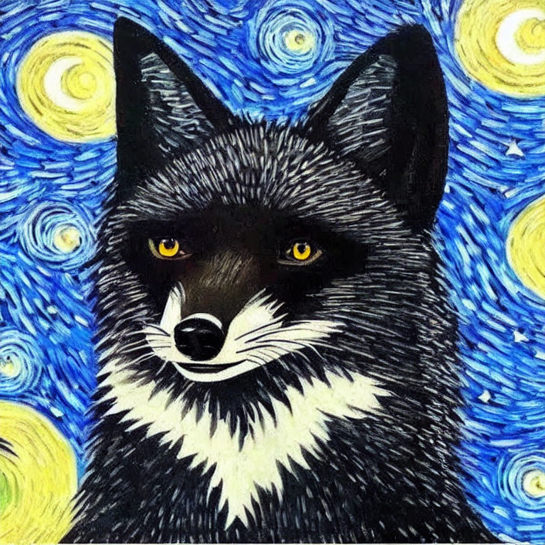 Black and White Fox Painting with Yellow Eyes on Starry Night Background