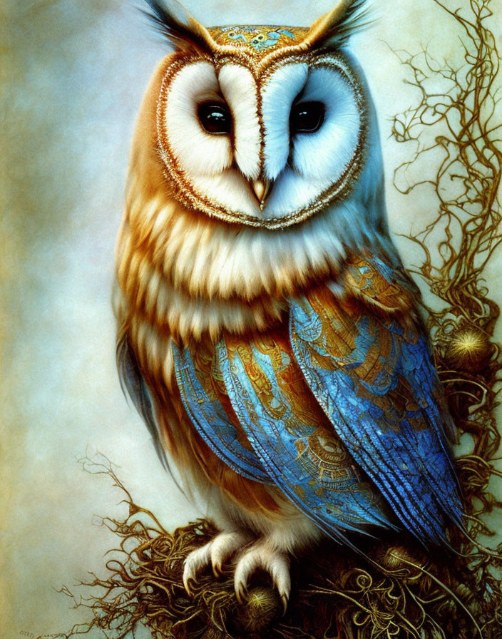 Ornate owl illustration with natural and fantastical elements