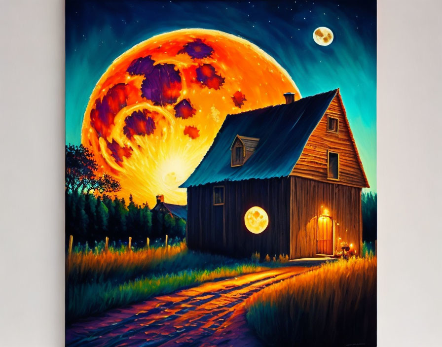 Vibrant painting of rustic house at night with surreal orange moon