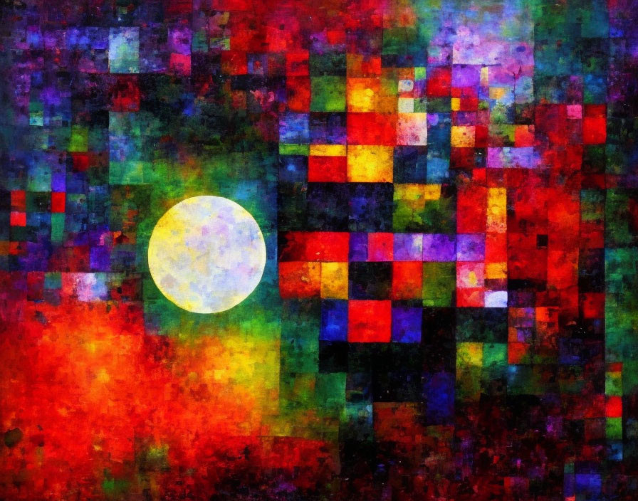 Colorful Abstract Painting with Vibrant Squares and White Circle on Textured Background