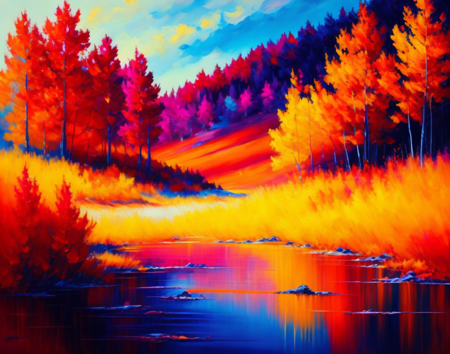 Colorful Autumn Forest Painting with Lake Reflections