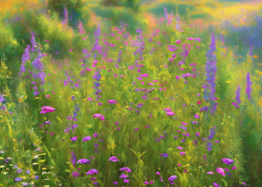 Colorful Meadow with Purple and Pink Wildflowers in Soft-focus Scene