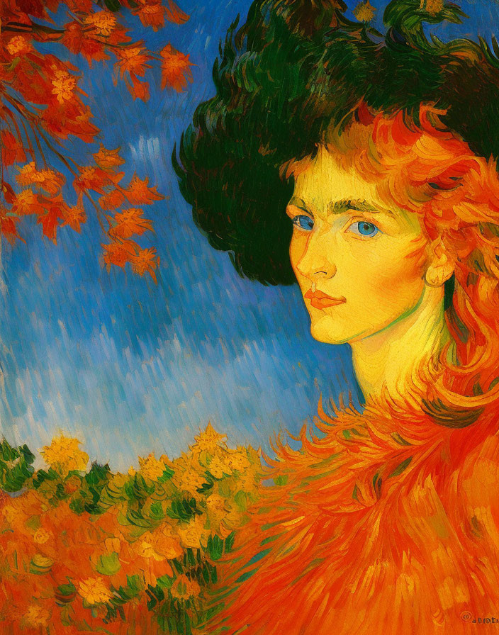 Person with Red-Orange Hair in Autumn Landscape