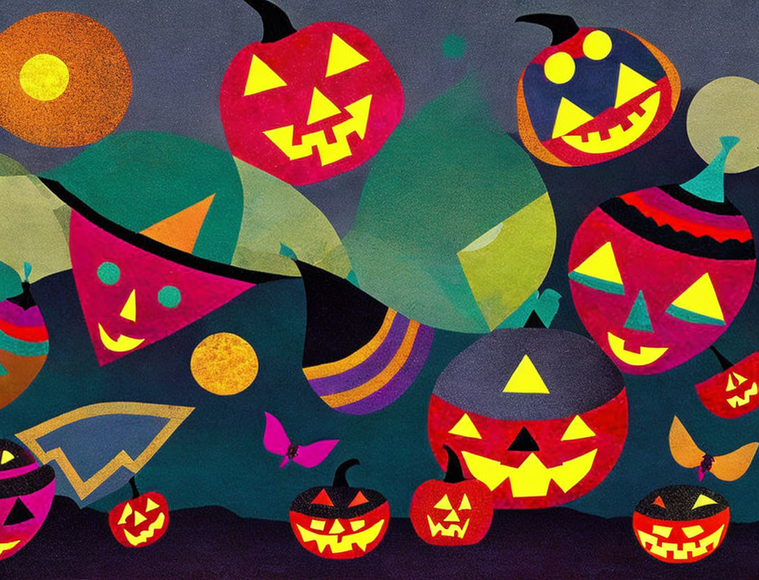 Vibrant Halloween-themed illustration with jack-o'-lanterns, bats, and full moons