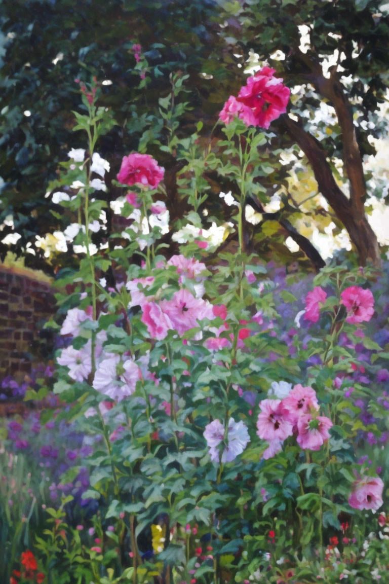 Vibrant garden scene with pink and red hollyhocks among assorted flowers