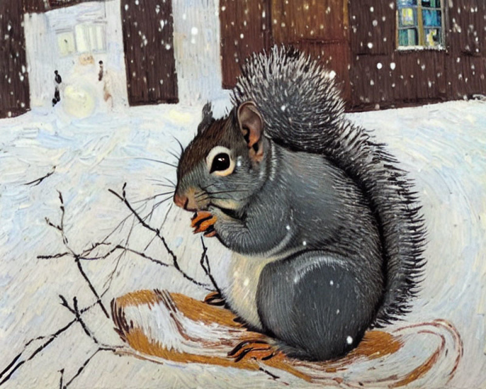 Grey squirrel eating on snow-covered ground with snowflakes and snowman in background.