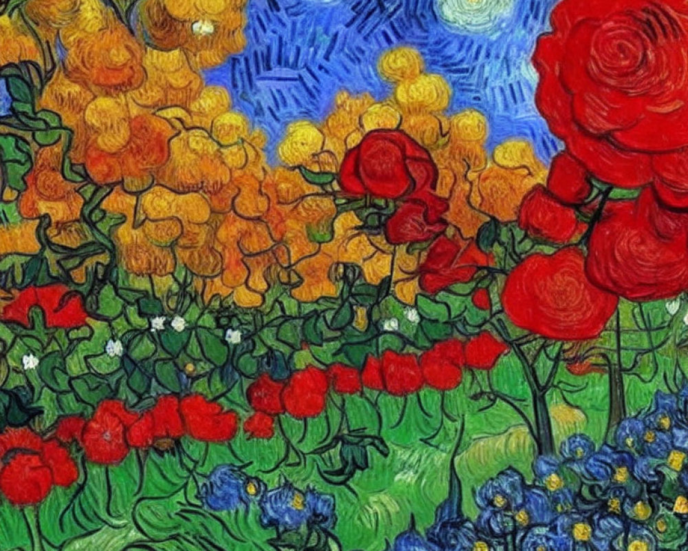 Colorful Garden Painting with Red, Blue, and Yellow Flowers