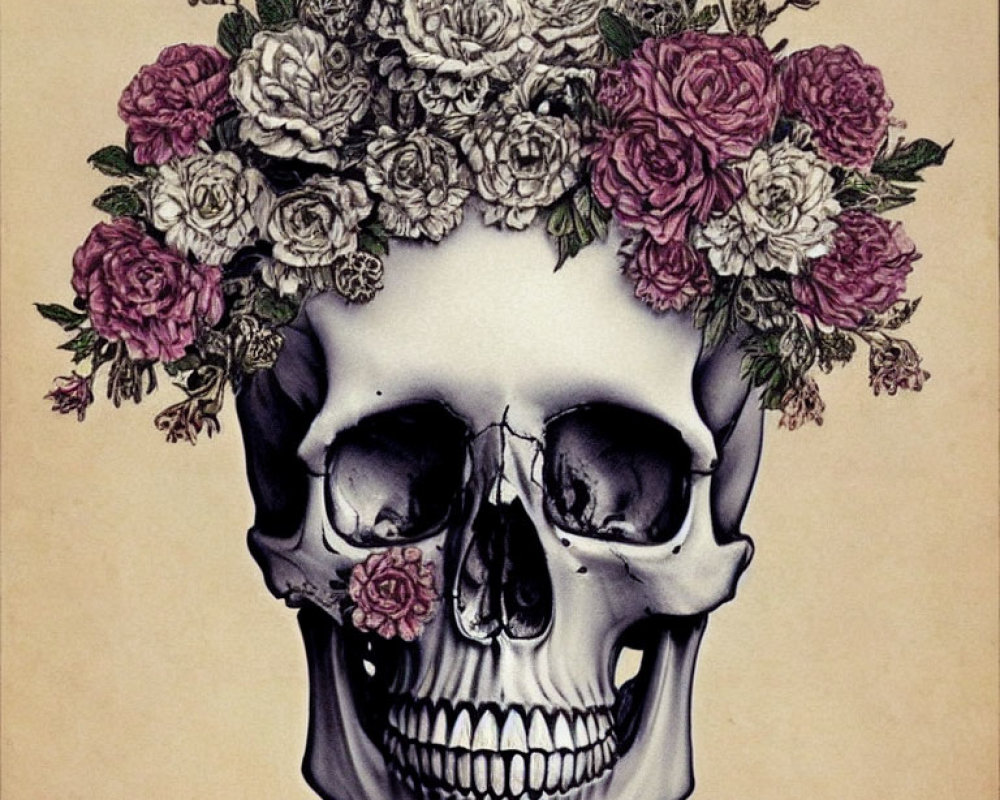 Illustrated human skull with pink and white rose crown on beige background