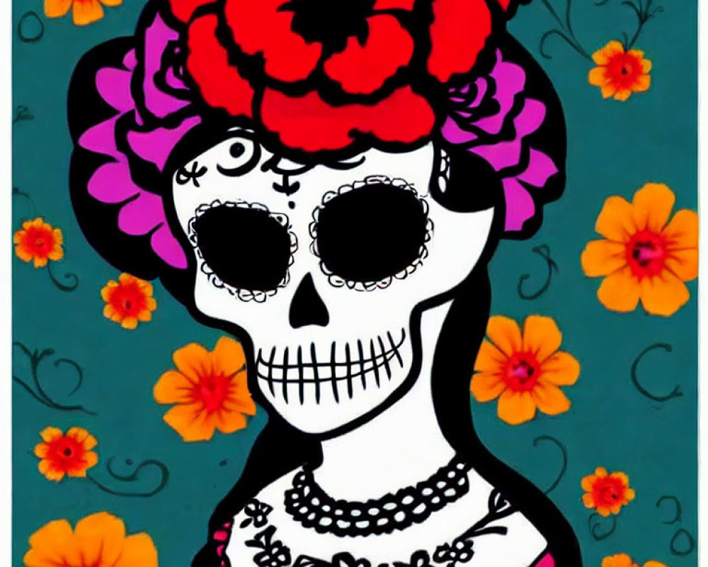 Stylized skull with floral headwear on turquoise background inspired by Mexican Day of the Dead