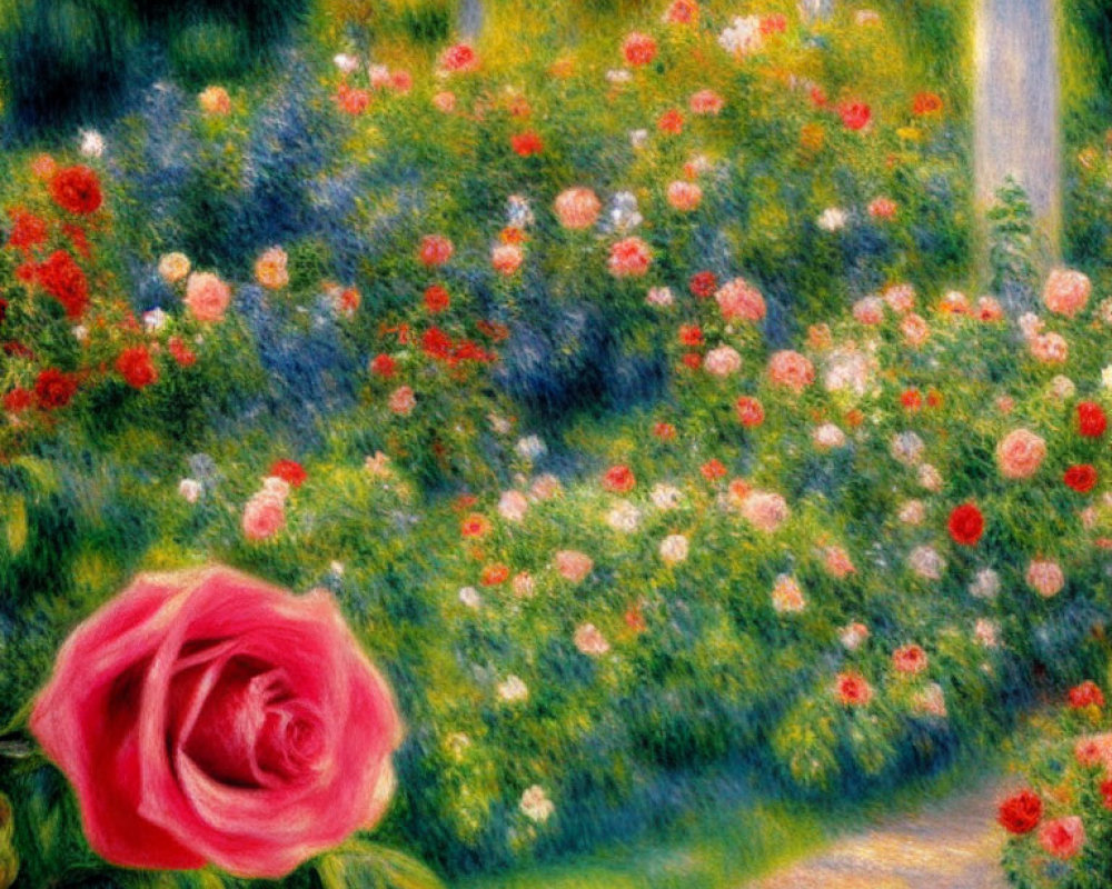 Lush Garden Painting with Pink Rose & Colorful Flowers