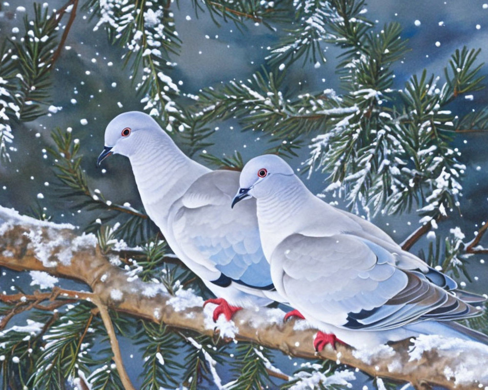 Winter scene: Two pigeons on snowy branch with pine needles.