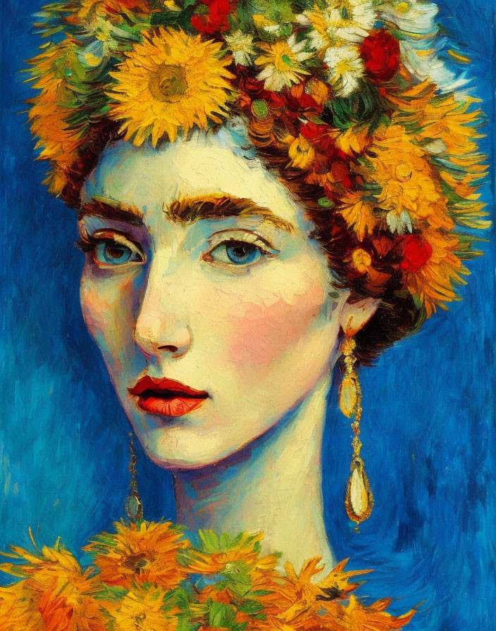 Woman with Floral Wreath and Earrings on Vivid Blue Background