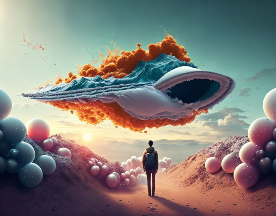 Person gazes at frozen wave above desert with balloon-like spheres at sunset