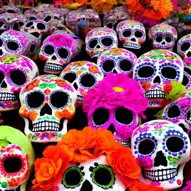 Vibrant Day of the Dead skulls with colorful floral decorations