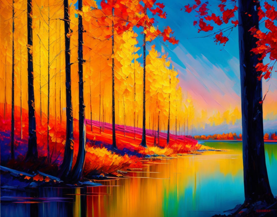 Autumn forest painting with slender trees and blue water reflection