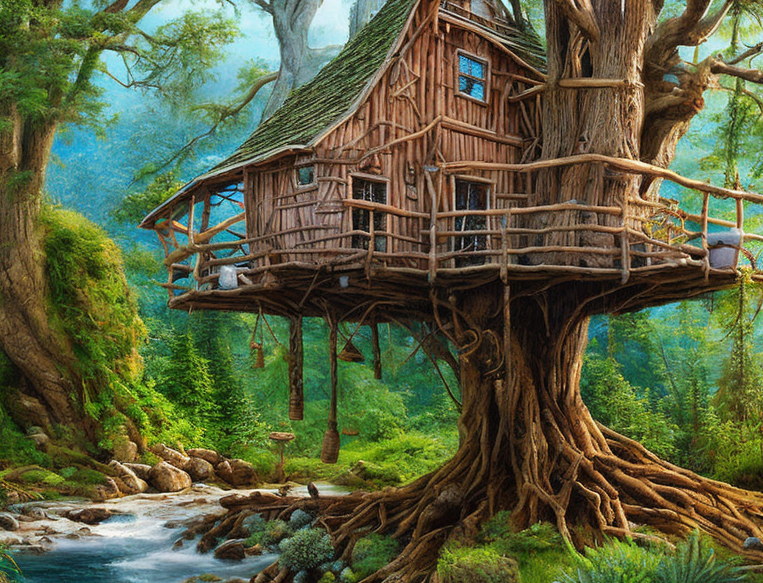 Detailed Rustic Treehouse in Forest by Stream