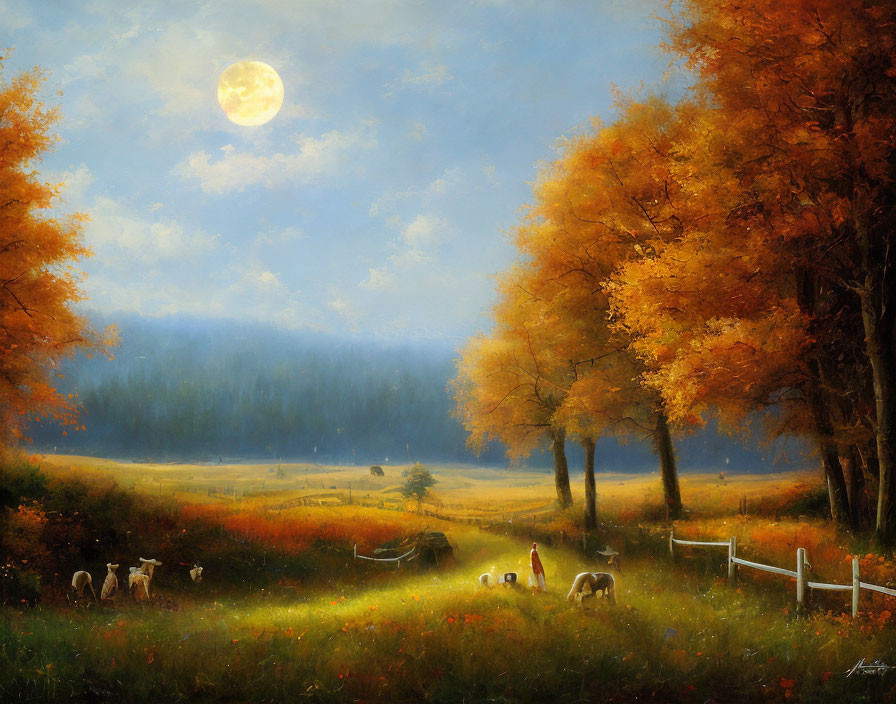 Tranquil Autumn Dusk Scene with Moon, Trees, Person, Dogs, and Sheep