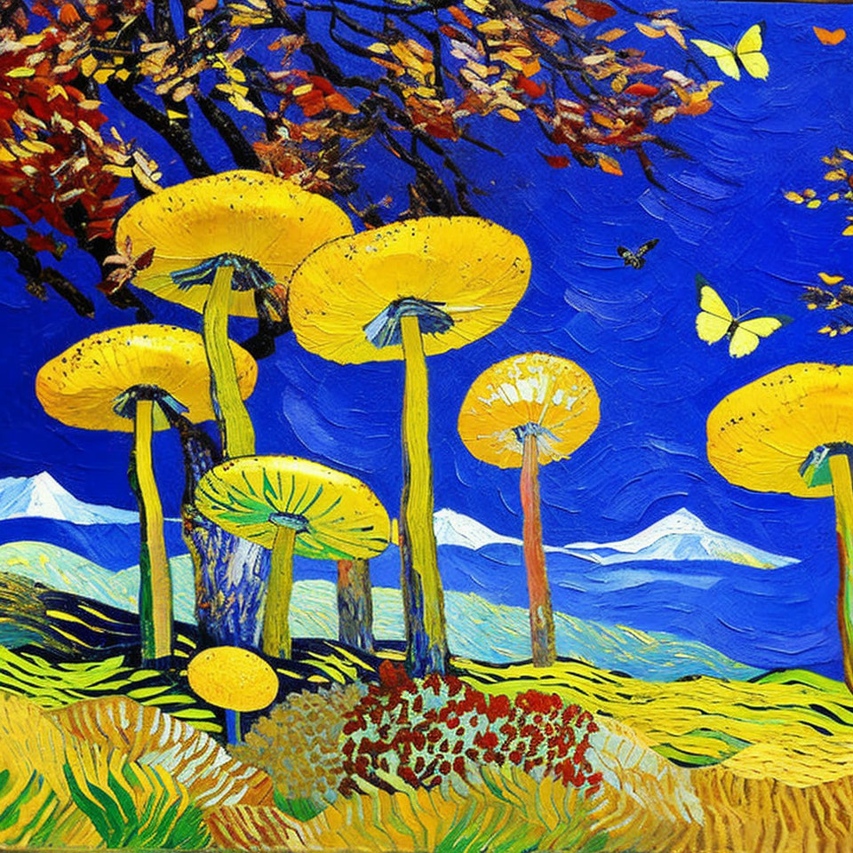 Colorful painting of yellow mushrooms, blue mountains, red flowers, and butterflies under a bright sky