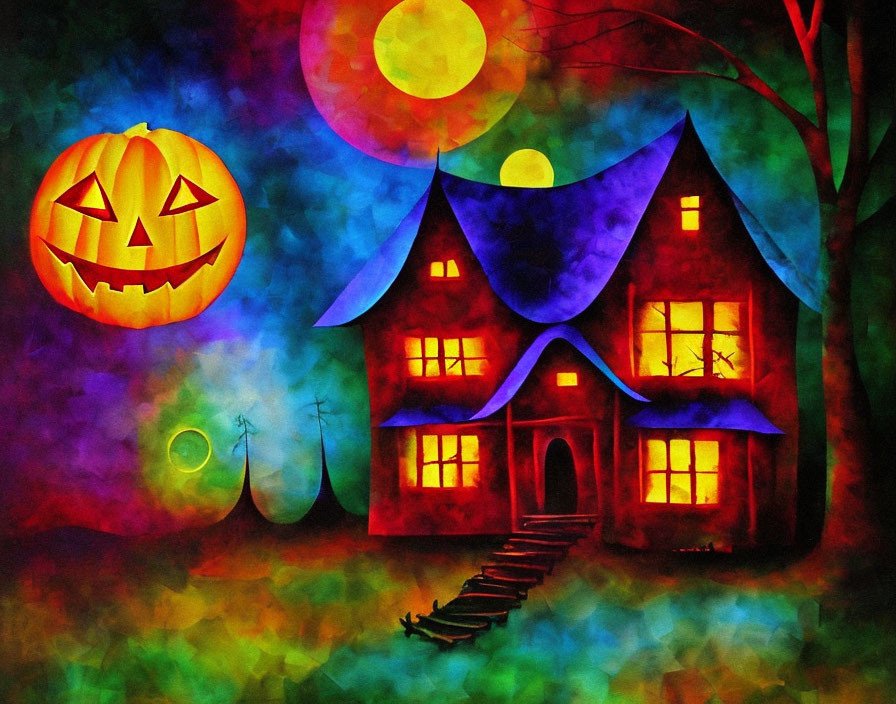 Colorful Halloween-themed illustration with spooky house and jack-o'-lantern