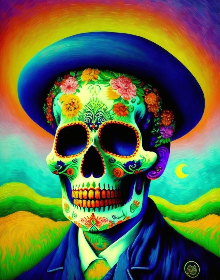 Colorful skull art with floral patterns and rainbow halo in Day of the Dead theme