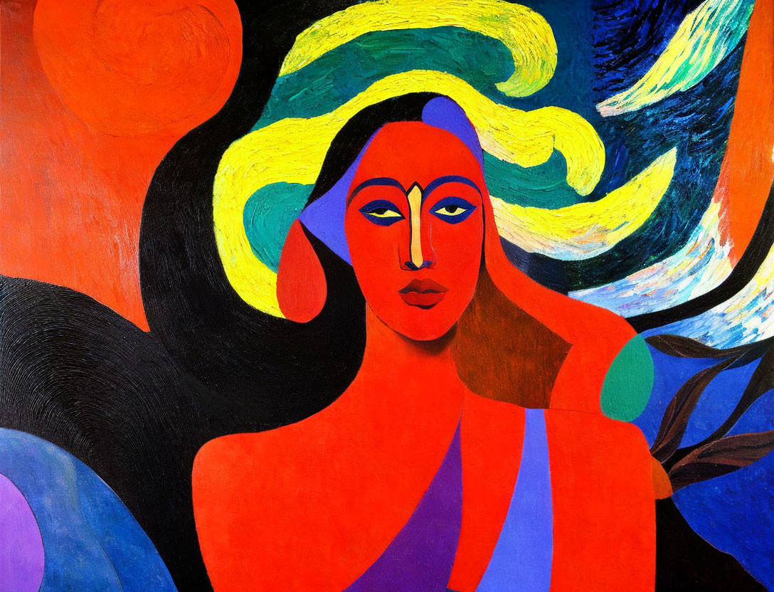 Colorful Abstract Portrait of Woman with Yellow Hair and Blue Skin