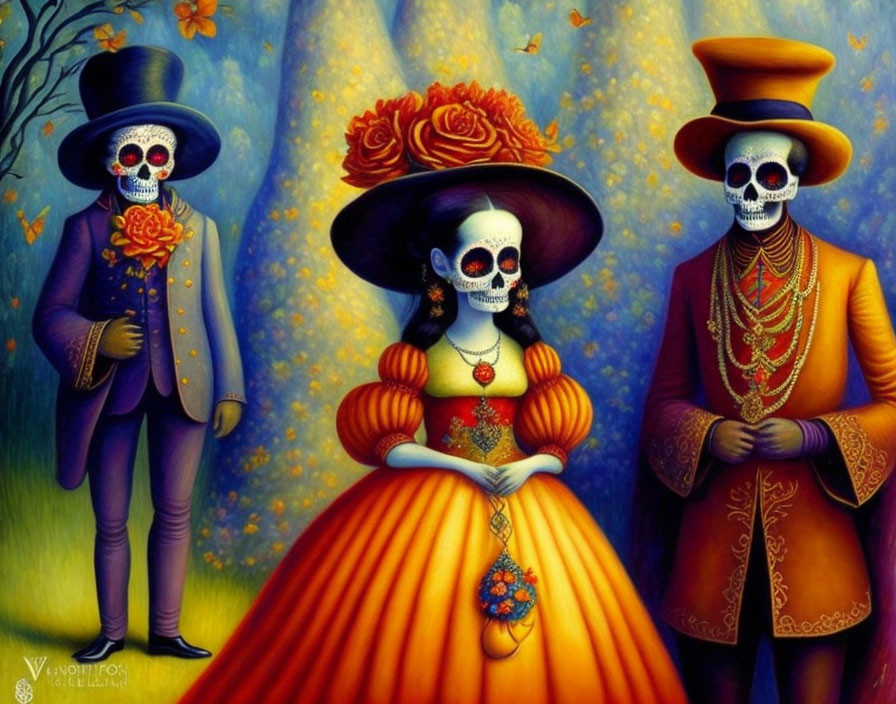 Skeleton-faced figures in Mexican attire with top hats on vibrant background.