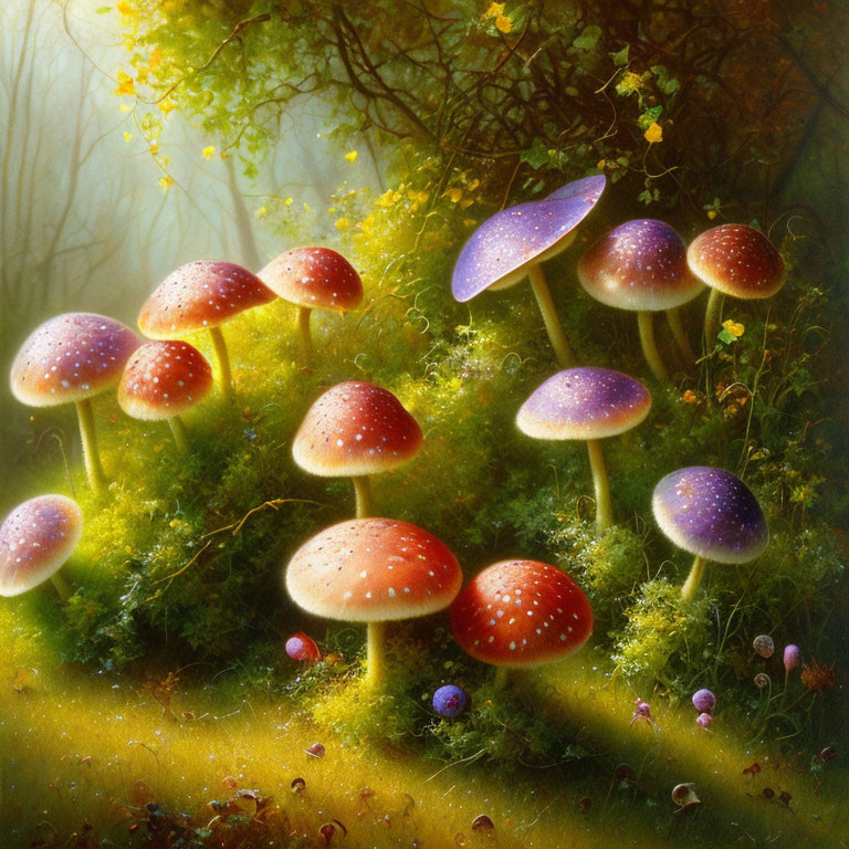 Vibrant oversized mushrooms in whimsical forest scene