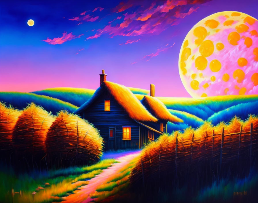 Colorful countryside house painting with large moon, illuminated path, and swirling sky.