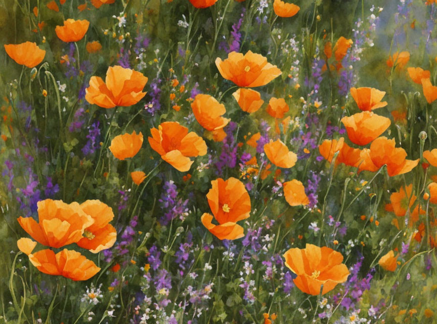 Vibrant watercolor painting of orange poppies in a lush field