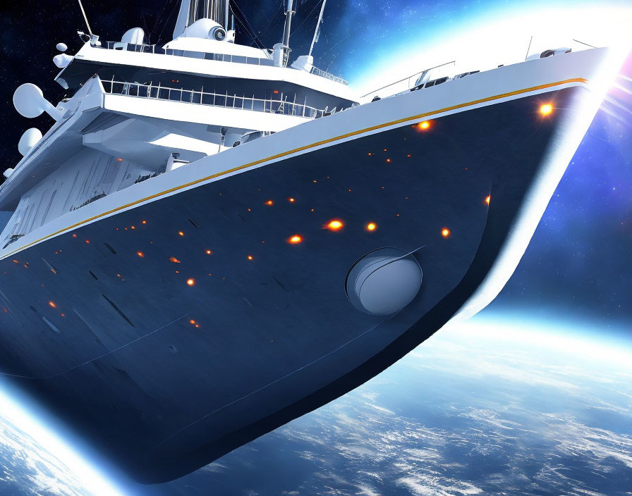 Space-themed cruise ship gliding with lights near Earth.