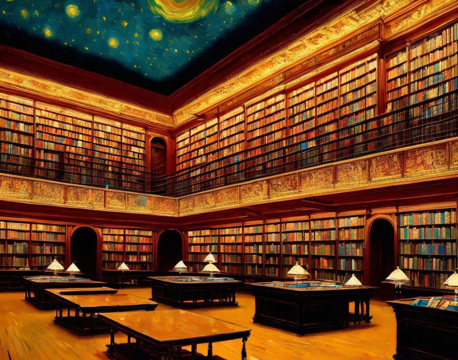 Spacious library with tall bookshelves and starry night ceiling.