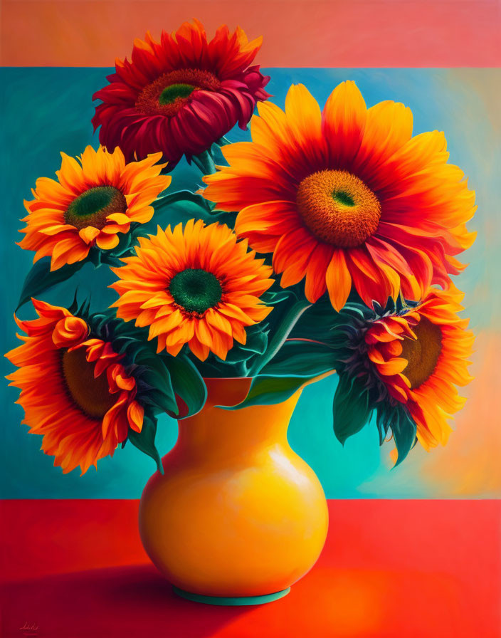 Colorful Painting of Yellow Vase & Sunflowers on Teal Background